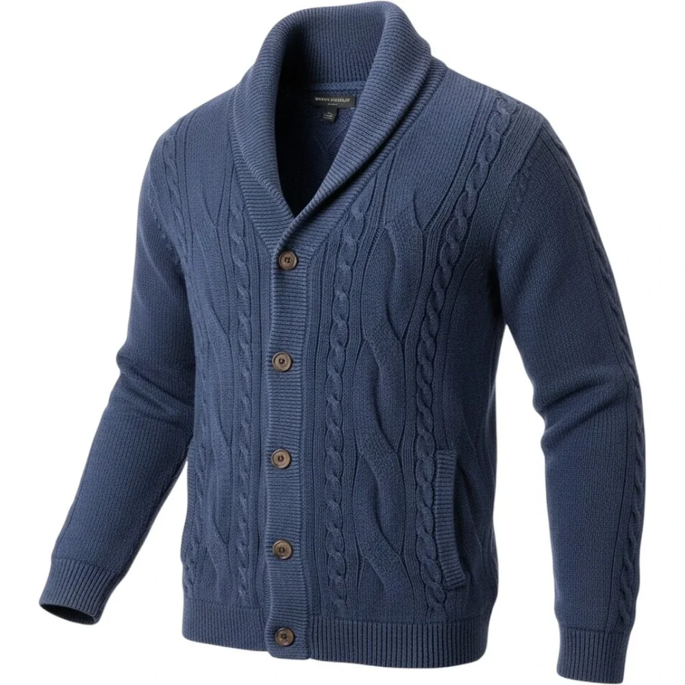 Banana Republic Cardigan Men Large Blue Excellent Cable Knit Shawl Collar 980792